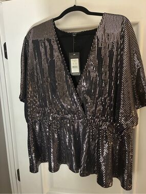 New Look Black and Silver Sequin Wrap Peplum Top